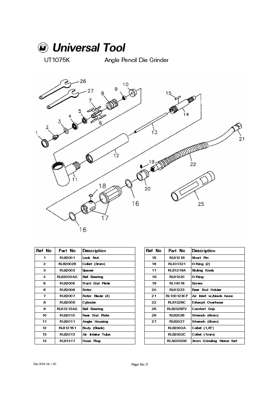 Ut1075k angle pencil die grinder | Universal Air Tools UT1075K User Manual | Page 3 / 4