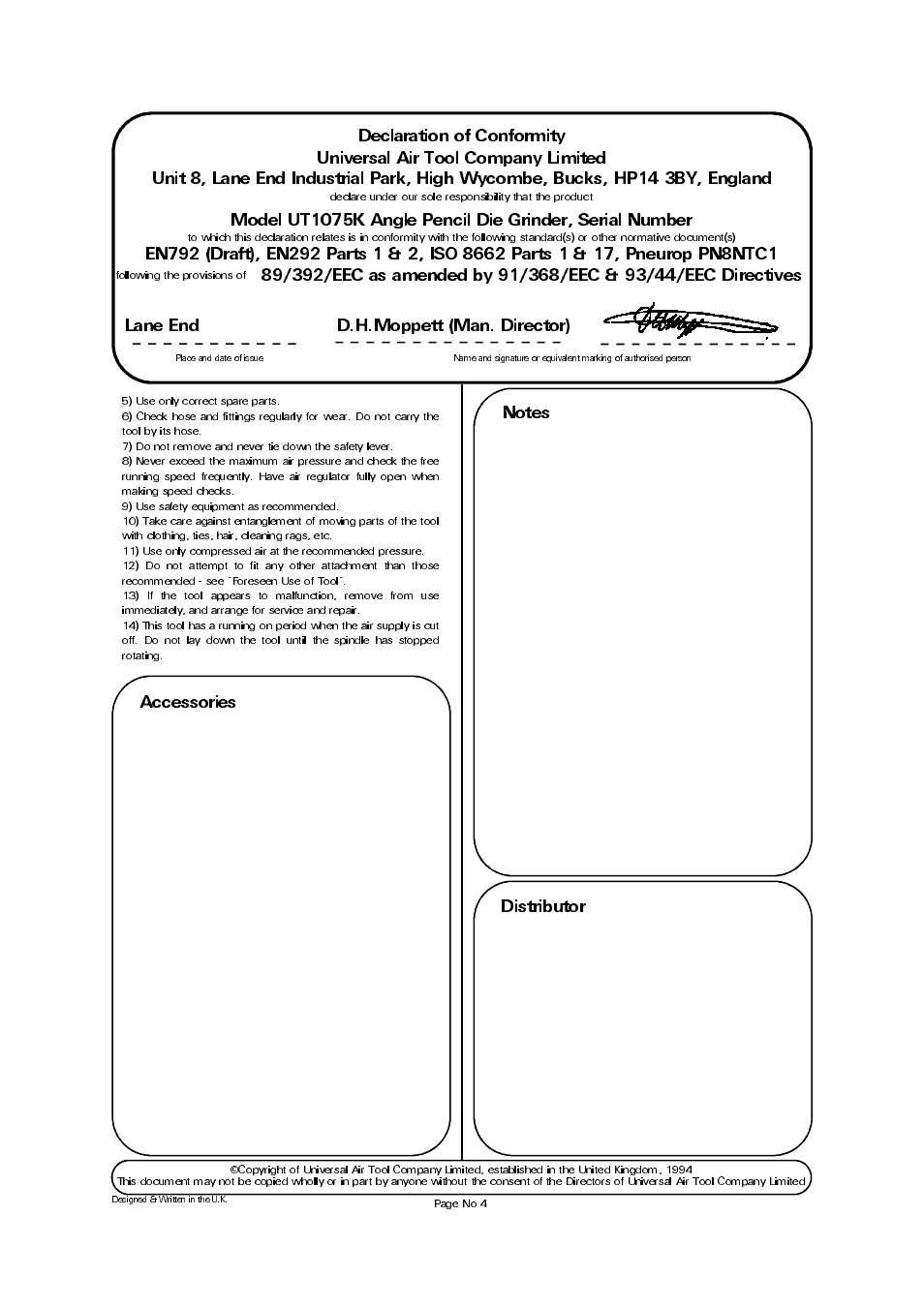Accessories, Lane end d.h.moppett (man. director) | Universal Air Tools UT1075K User Manual | Page 4 / 4