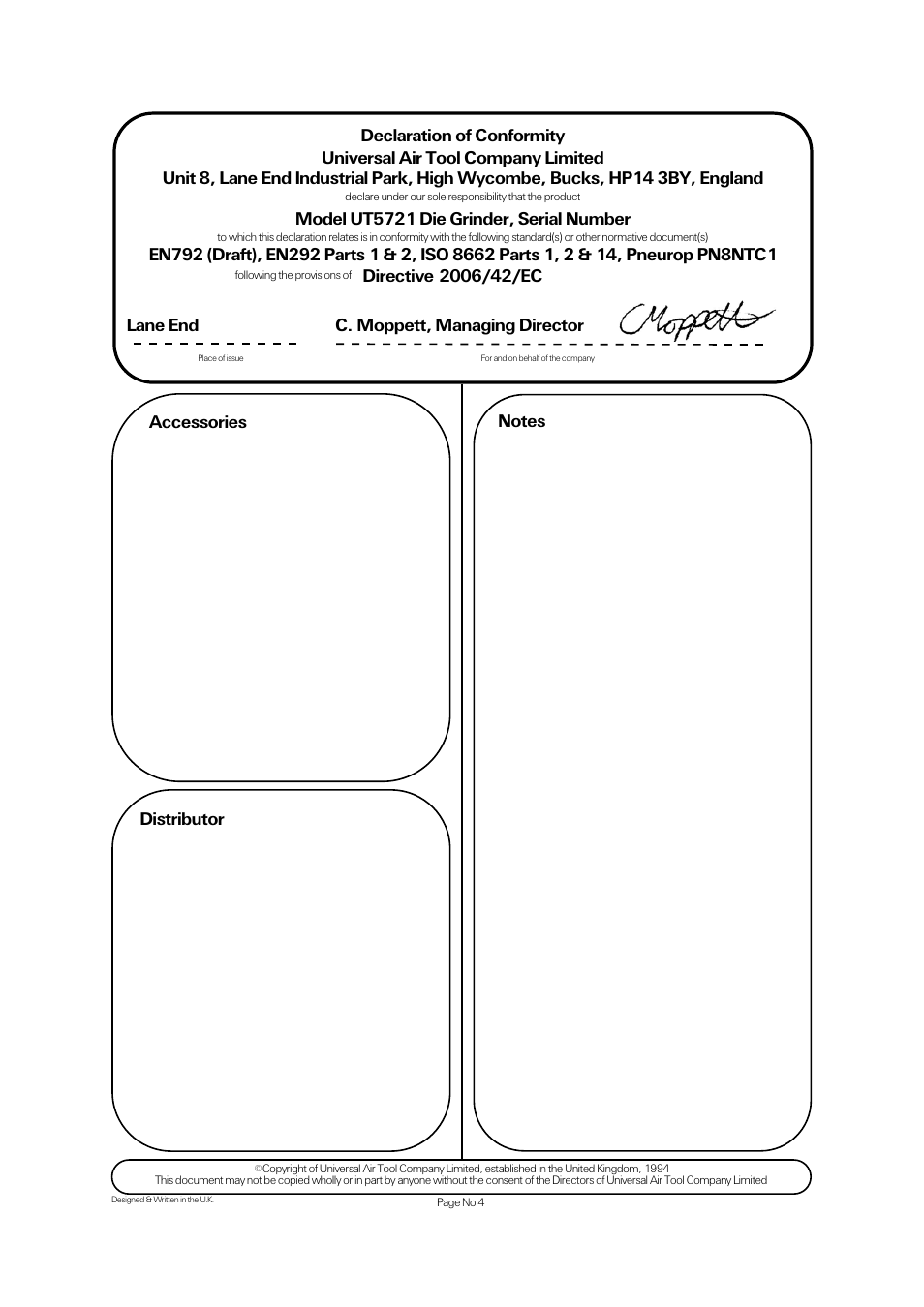 Accessories, Model ut5721 die grinder, serial number | Universal Air Tools UT5721 User Manual | Page 4 / 4