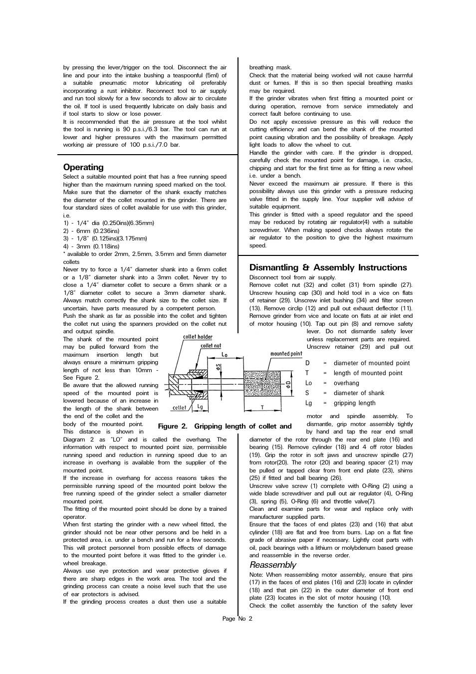 Operating, Dismantling & assembly instructions, Reassembly | Universal Air Tools UT5720A User Manual | Page 2 / 4