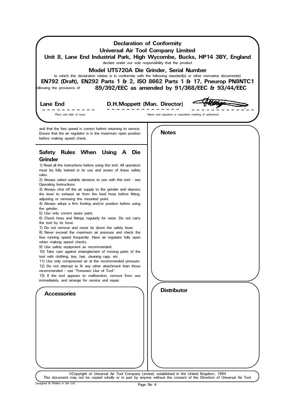 Safety rules when using a die grinder, Model ut5720a die grinder, serial number, Lane end d.h.moppett (man. director) | Accessories | Universal Air Tools UT5720A User Manual | Page 4 / 4