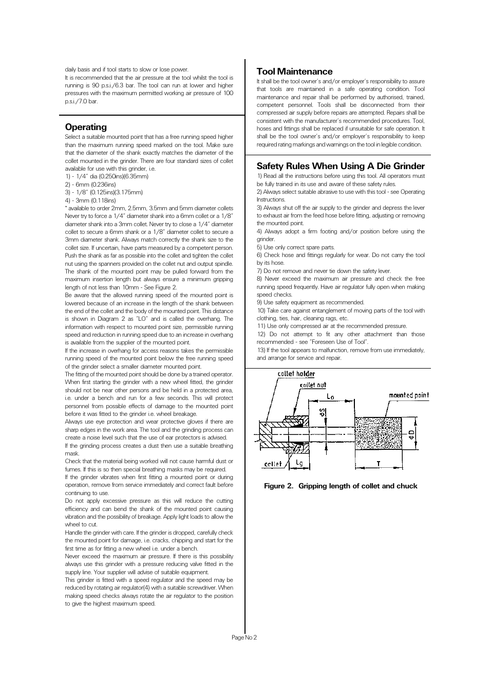 Operating, Tool maintenance, Safety rules when using a die grinder | Universal Air Tools UT5725 User Manual | Page 2 / 4