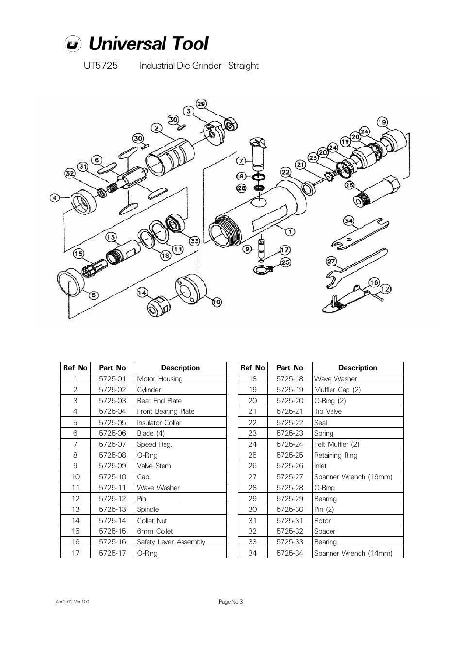 Ut5725 industrial die grinder - straight | Universal Air Tools UT5725 User Manual | Page 3 / 4
