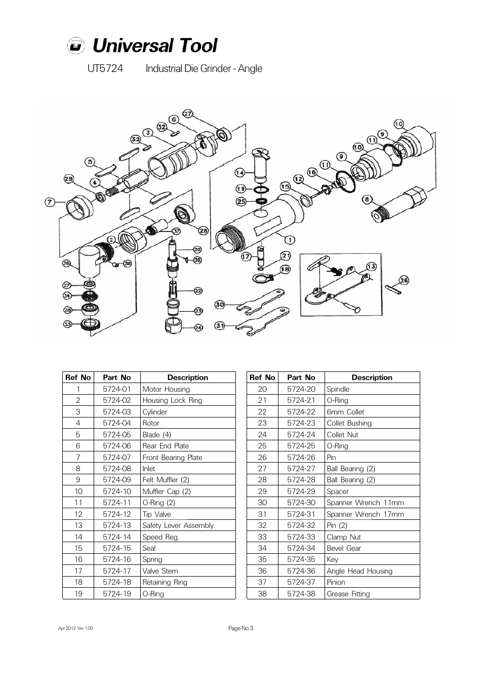 Ut5724 industrial die grinder - angle | Universal Air Tools UT5724 User Manual | Page 3 / 4