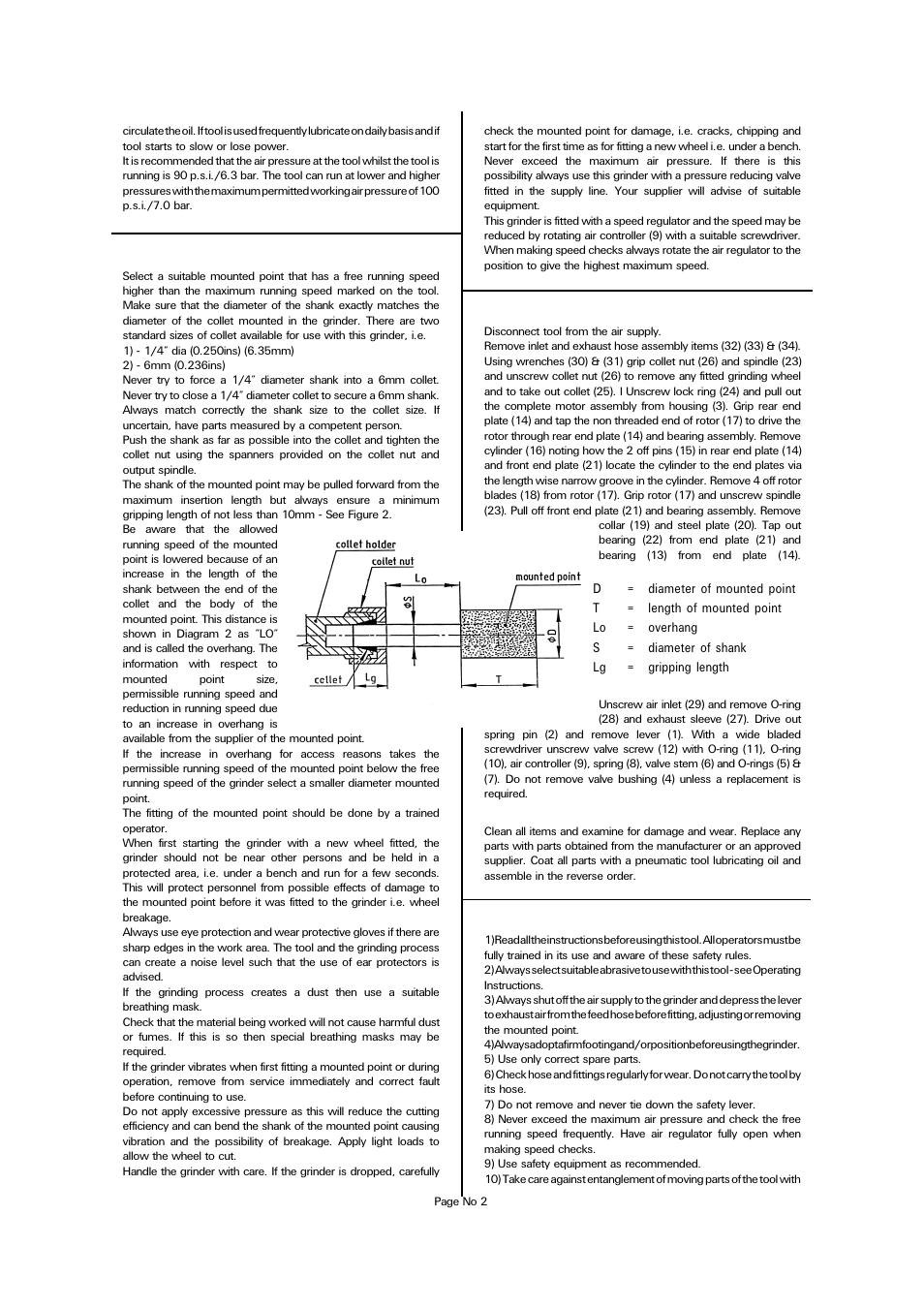 Operating, Dismantling & assembly instructions, Reassembly | Safety rules when using a die grinder | Universal Air Tools UT8777C User Manual | Page 2 / 4