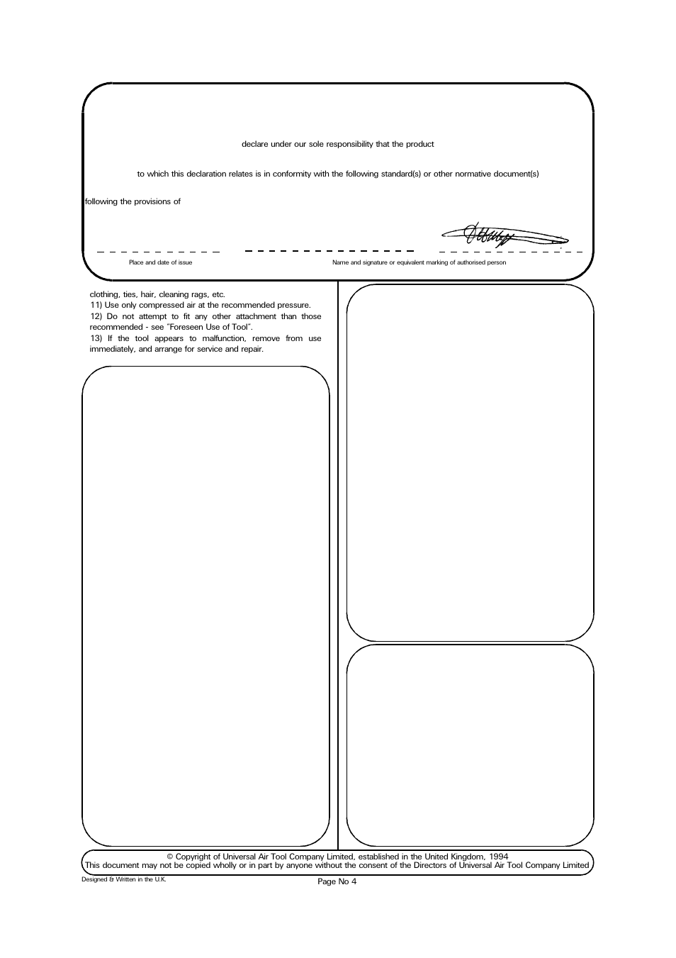 Accessories, Model ut8777c die grinder, serial number, Lane end d.h.moppett (man. director) | Universal Air Tools UT8777C User Manual | Page 4 / 4