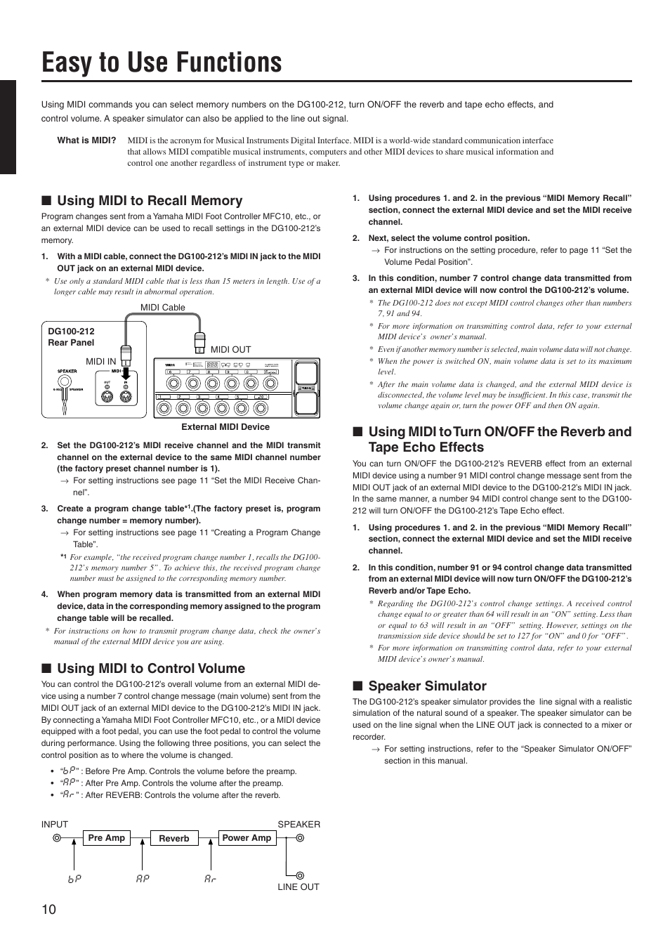 Easy to use functions, Using midi to recall memory, Using midi to control volume | Speaker simulator | Yamaha DG100-212 User Manual | Page 10 / 32
