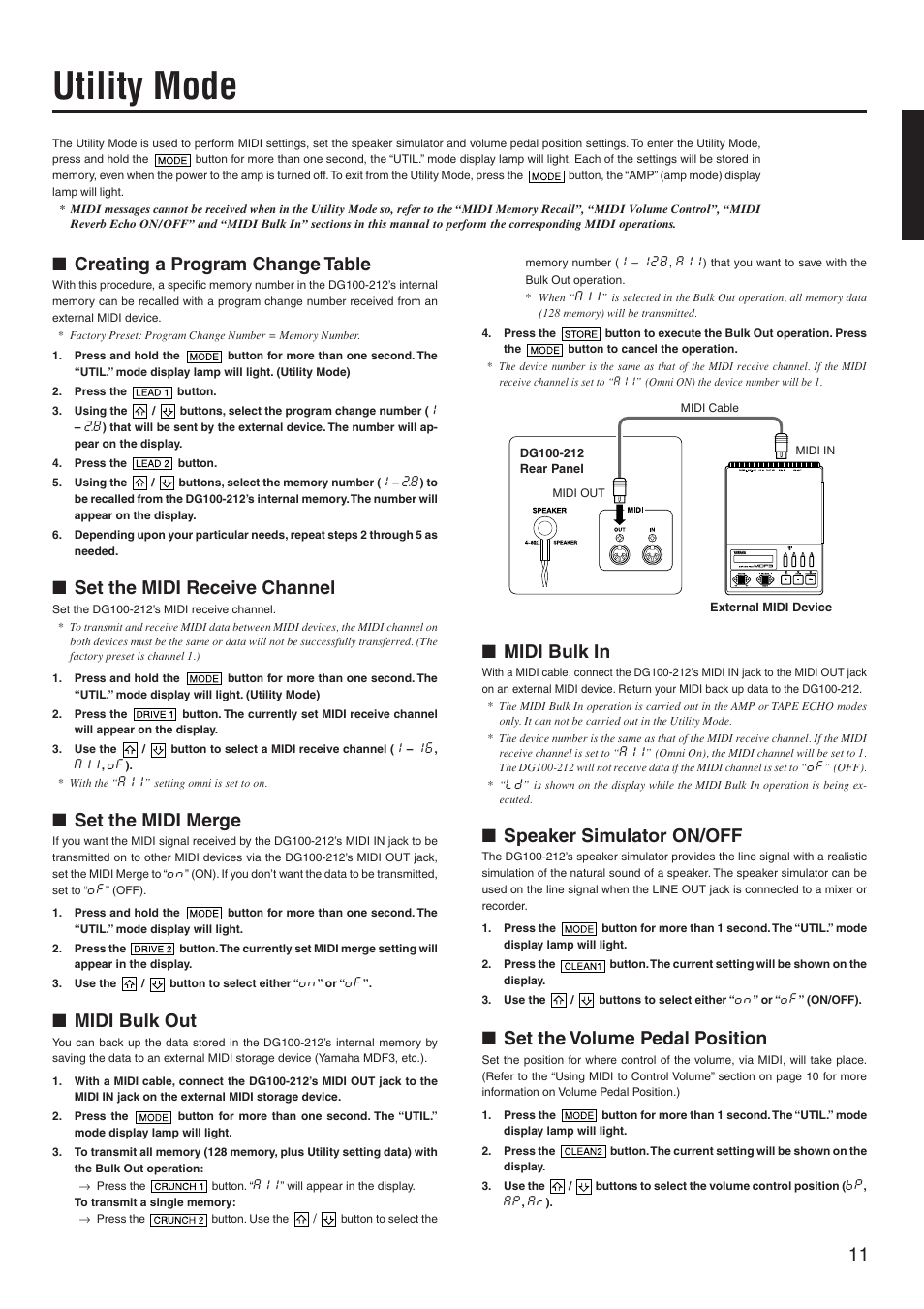 Utility mode, Creating a program change table, Set the midi receive channel | Set the midi merge, Midi bulk out, Midi bulk in, Speaker simulator on/off, Set the volume pedal position | Yamaha DG100-212 User Manual | Page 11 / 32