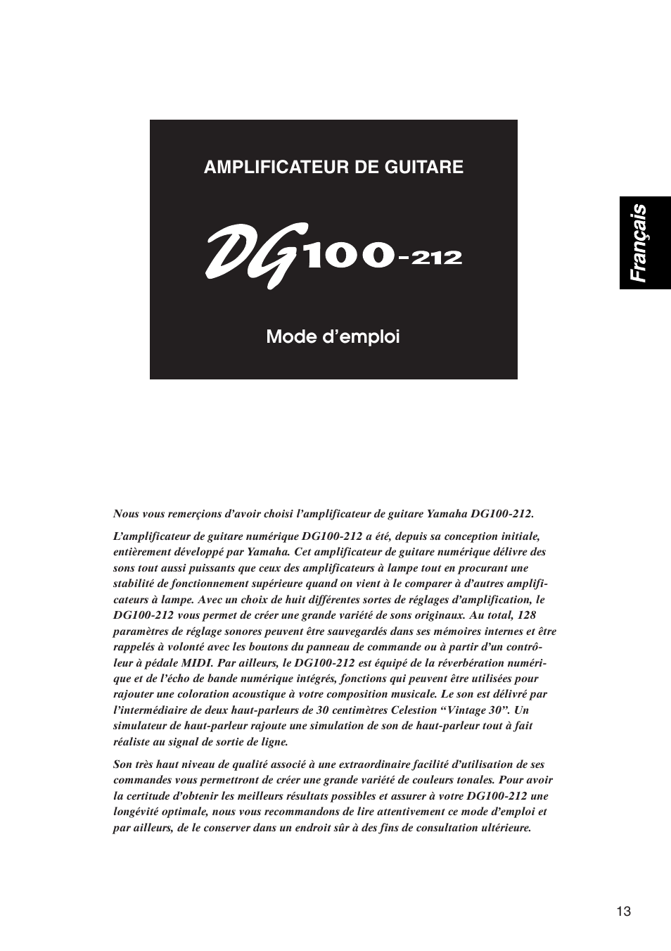 Amplificateur de guitare, Amplificateur de guitare mode d’emploi | Yamaha DG100-212 User Manual | Page 13 / 32