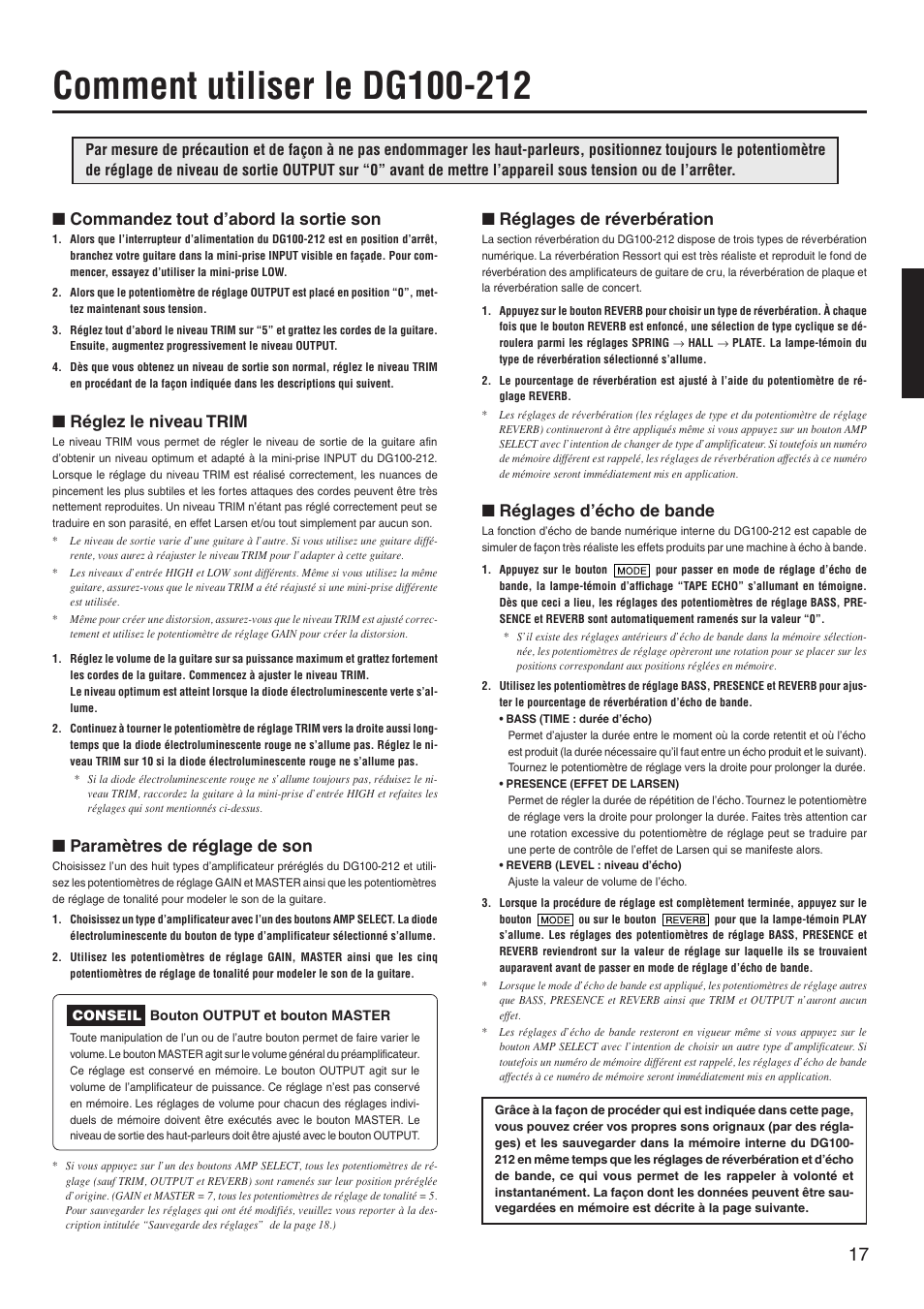 Comment utiliser le dg100-212, Commandez tout d'abord la sortie son, Réglez le niveau trim | Paramètres de réglage de son, Réglages de réverbération, Réglages d’écho de, Commandez tout d’abord la sortie son, Réglages d’écho de bande | Yamaha DG100-212 User Manual | Page 17 / 32