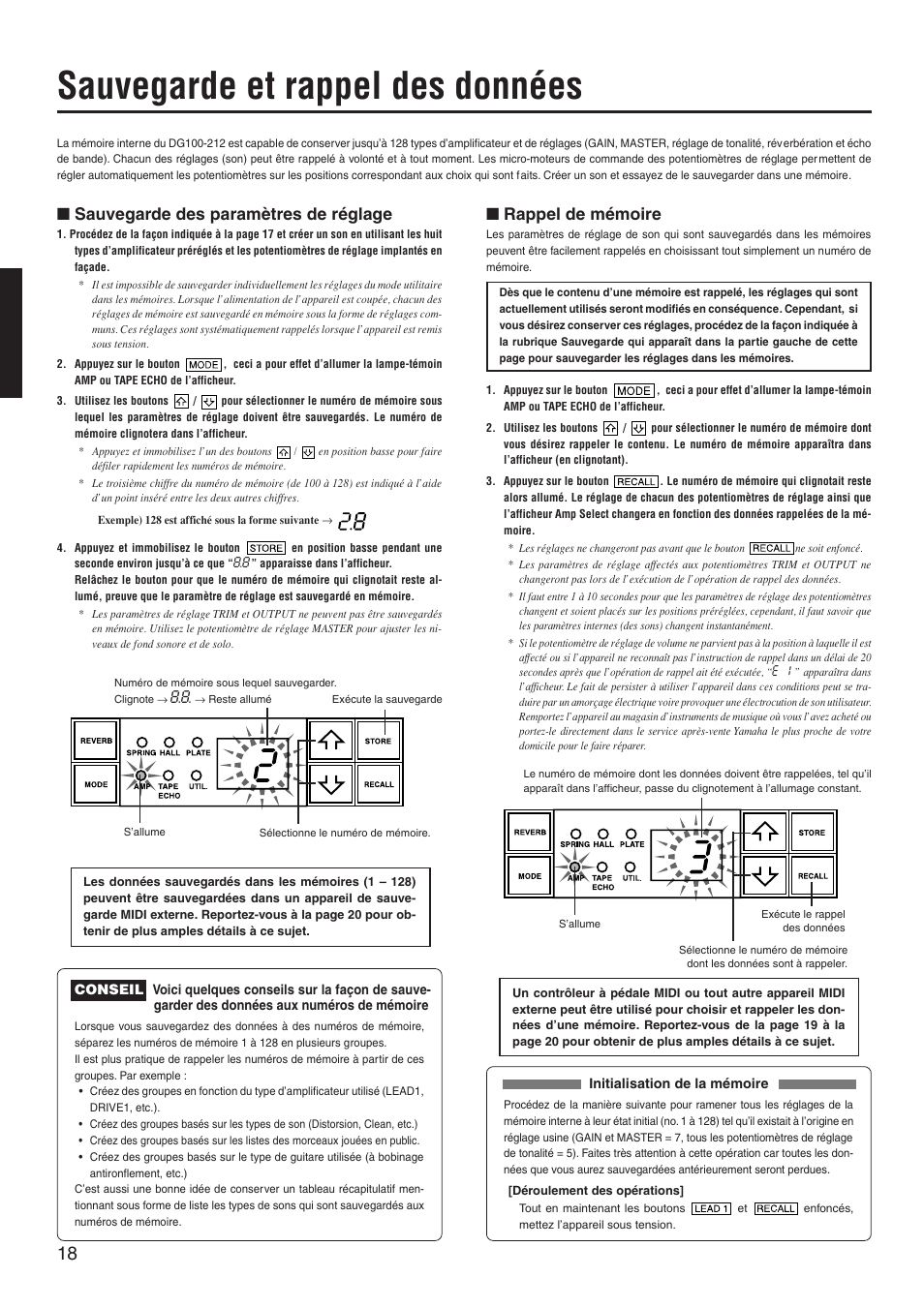 Sauvegarde et rappel des données, Sauvegarde des paramètres de réglage, Rappel de mémoire | Yamaha DG100-212 User Manual | Page 18 / 32