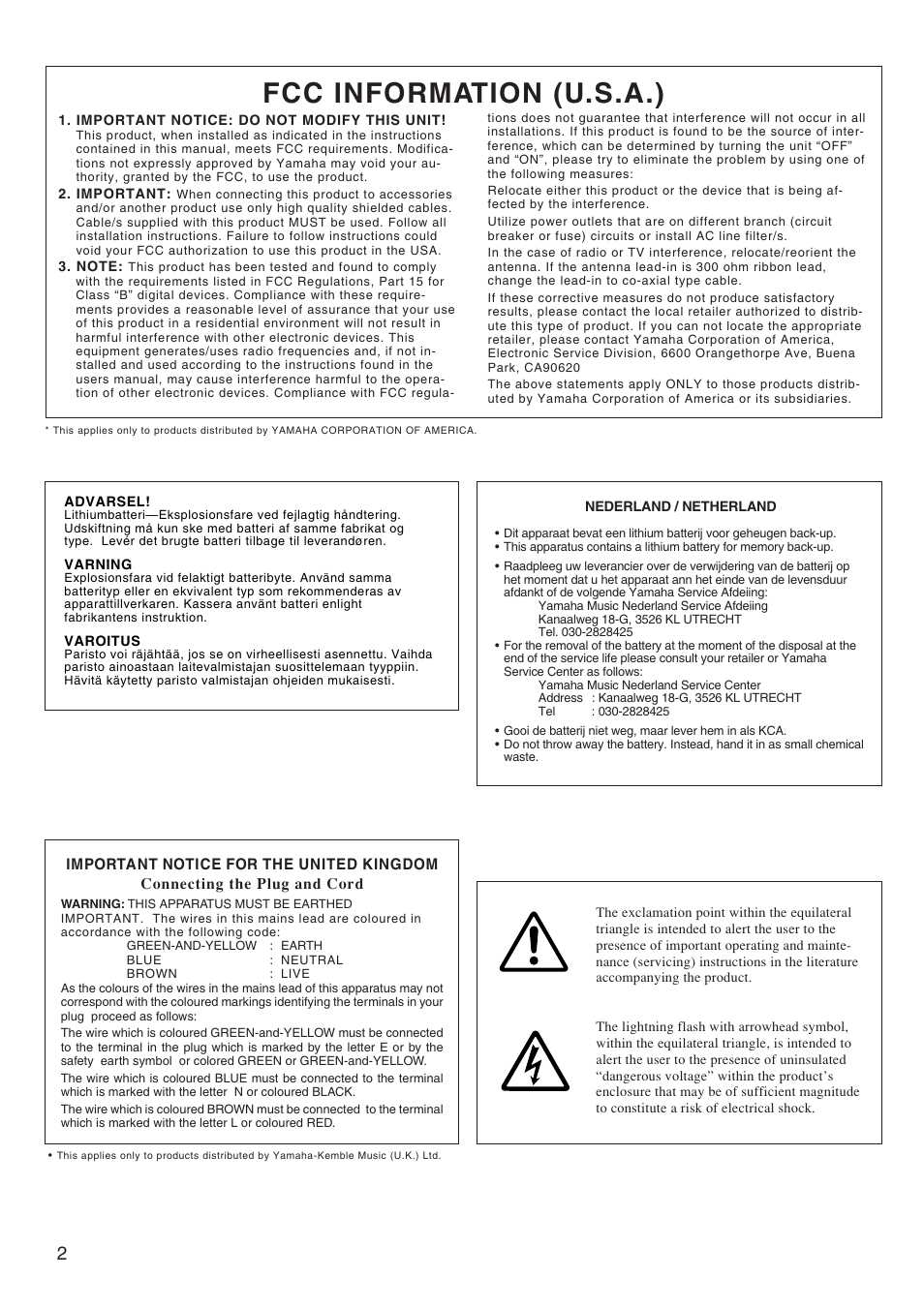 Fcc information (u.s.a.) | Yamaha DG100-212 User Manual | Page 2 / 32