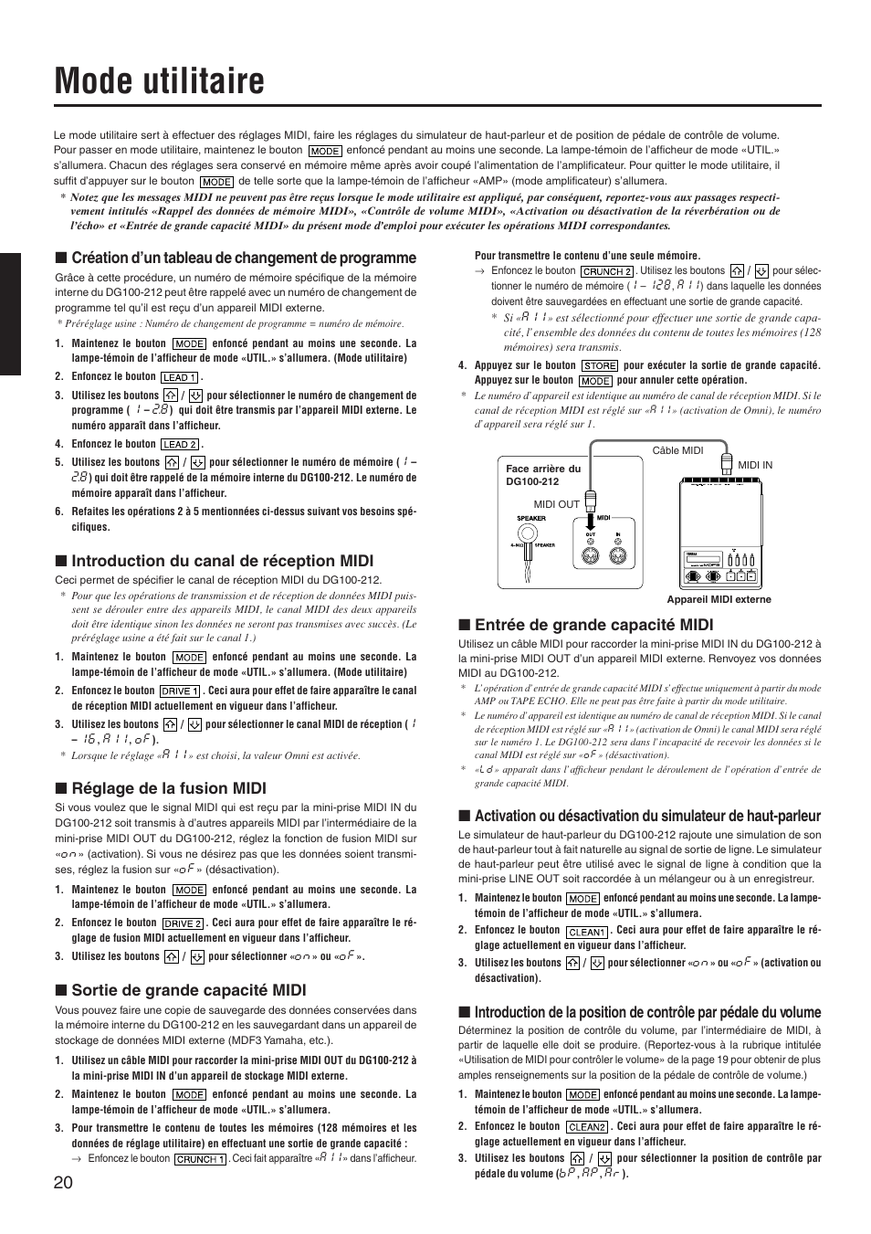 Mode utilitaire, Création d’un tableau de changement de programme, Introduction du canal de réception midi | Réglage de la fusion midi, Sortie de grande capacité midi, Entrée de grande capacité midi | Yamaha DG100-212 User Manual | Page 20 / 32