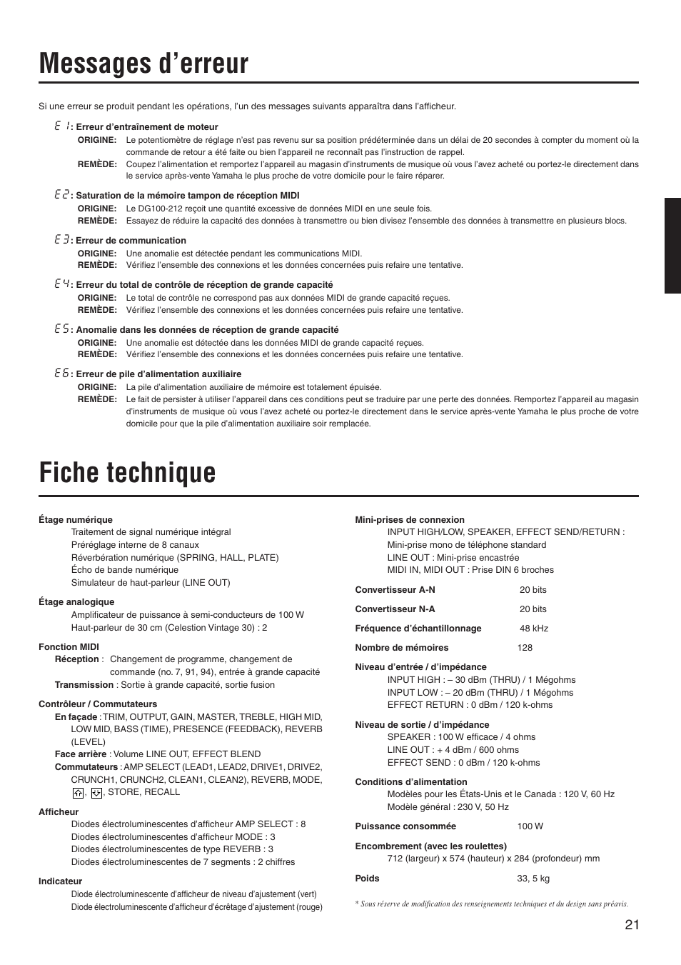 Messages d'erreur, Fiche technique, Messages d’erreur | Yamaha DG100-212 User Manual | Page 21 / 32