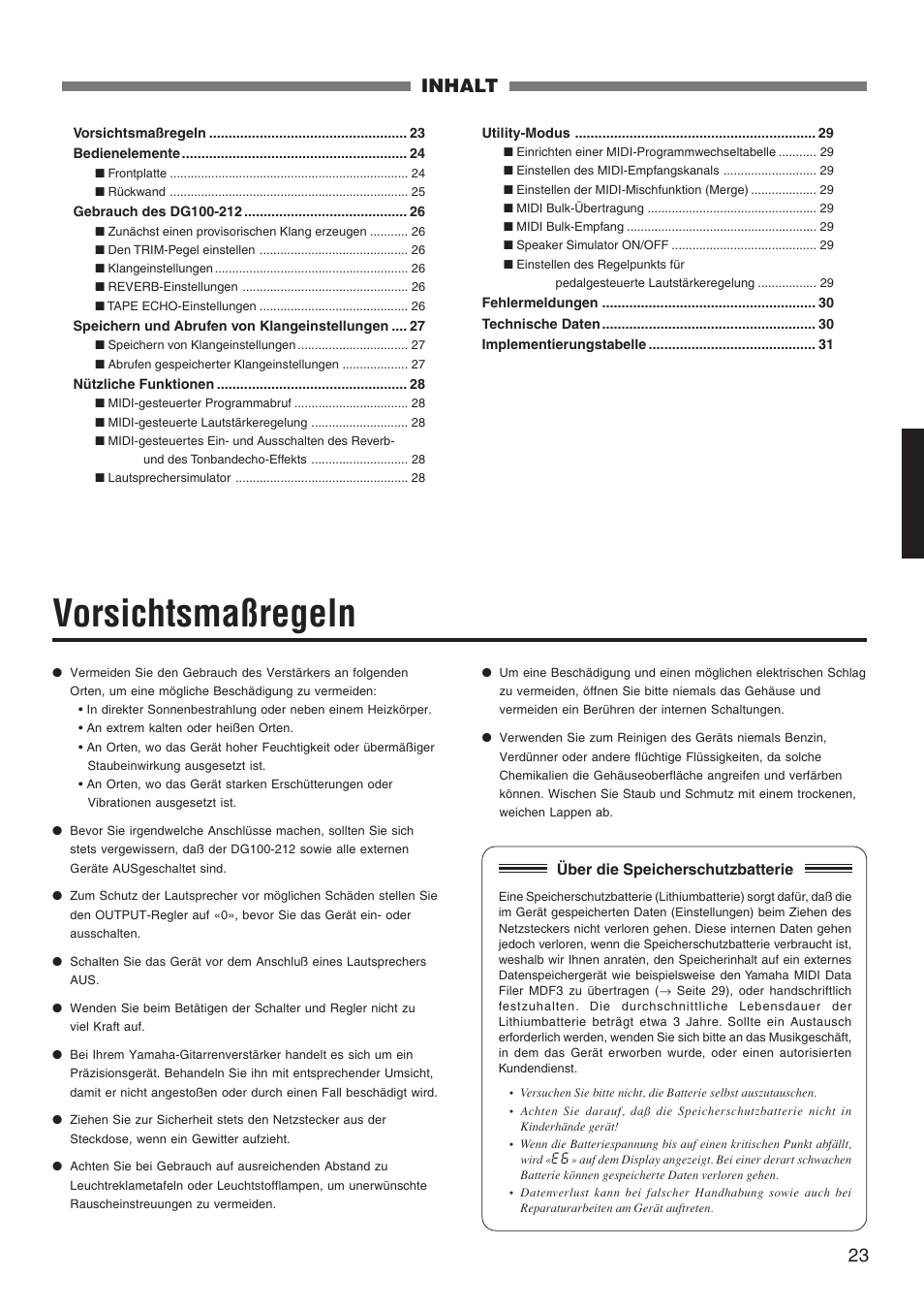 Inhalt, Vorsichtsmaßregeln | Yamaha DG100-212 User Manual | Page 23 / 32