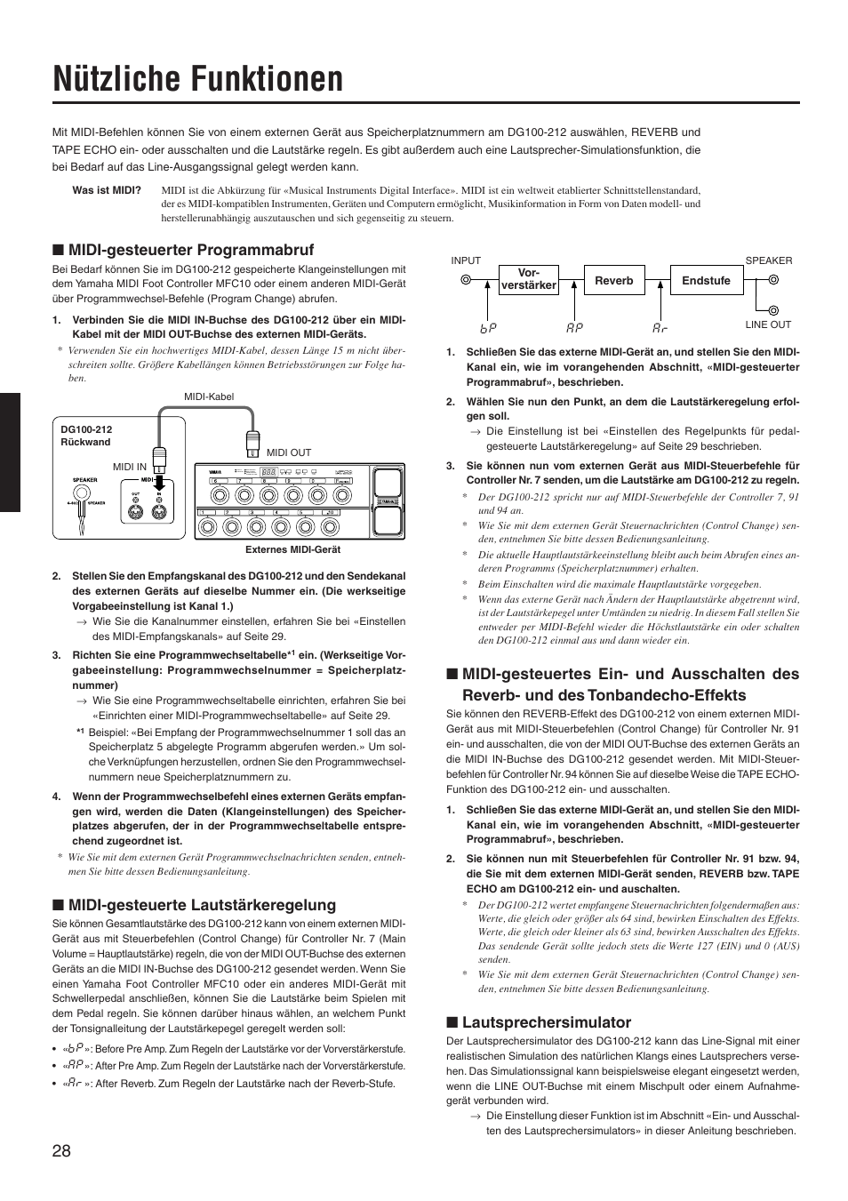 Nützliche funktionen, Midi-gesteuerter programmabruf, Midi-gesteuerte lautstärkeregelung | Lautsprechersimulator | Yamaha DG100-212 User Manual | Page 28 / 32