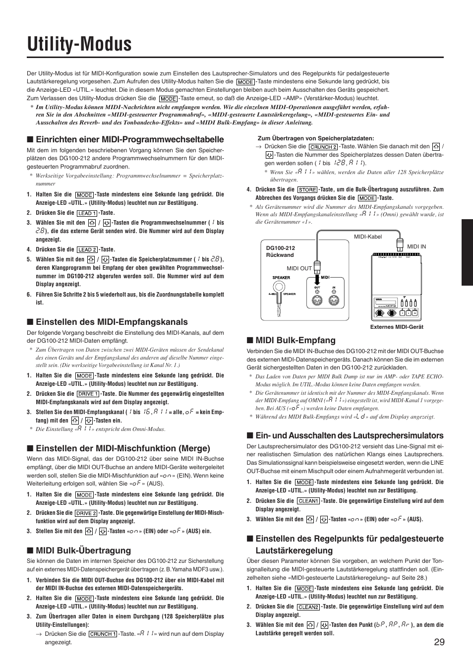 Utility-modus, Einrichten einer midi-programmwechseltabelle, Einstellen des midi-empfangskanals | Einstellen der midi-mischfunktion (merge), Midi bulk-übertragung, Midi bulk-empfang, Ein- und ausschalten des lautsprechersimulators | Yamaha DG100-212 User Manual | Page 29 / 32