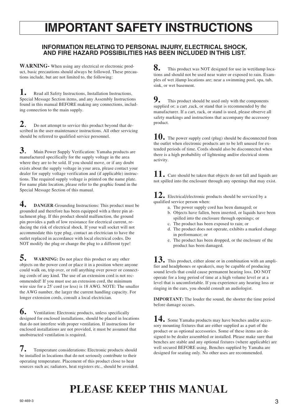 Important safety instructions, Please keep this manual | Yamaha DG100-212 User Manual | Page 3 / 32