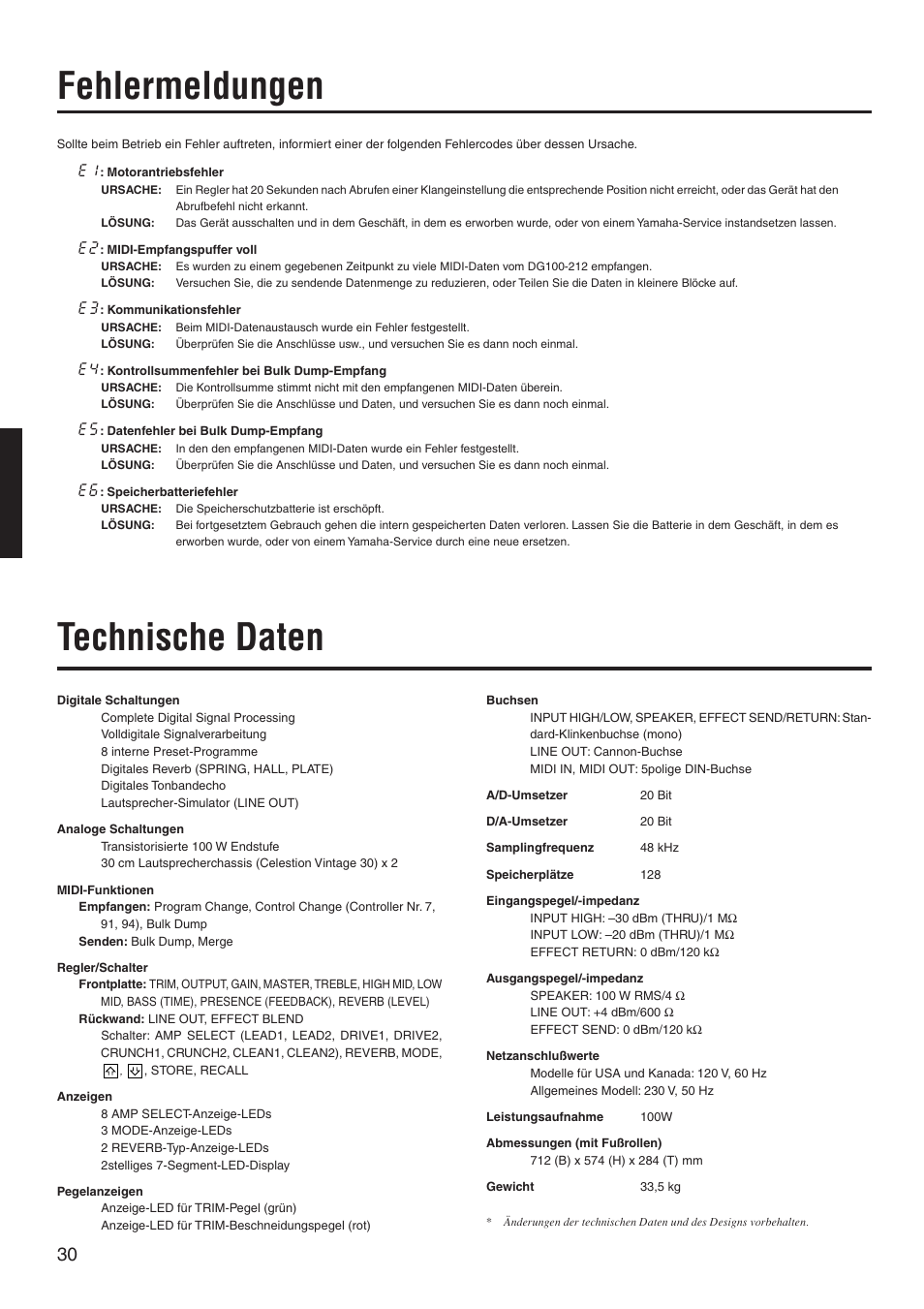 Fehlermeldungen, Technische daten | Yamaha DG100-212 User Manual | Page 30 / 32