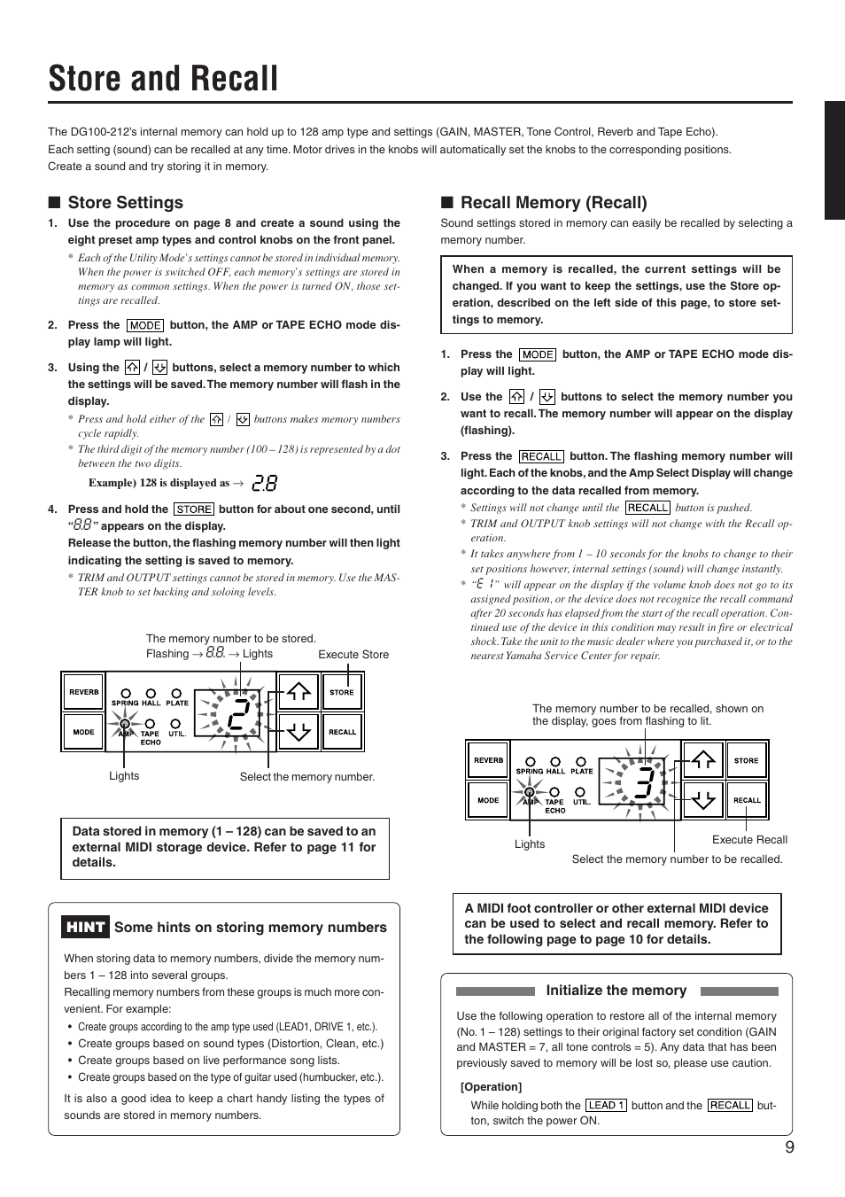 Store and recall, Store settings, Recall memory (recall) | Store settings ■ recall memory (recall) | Yamaha DG100-212 User Manual | Page 9 / 32