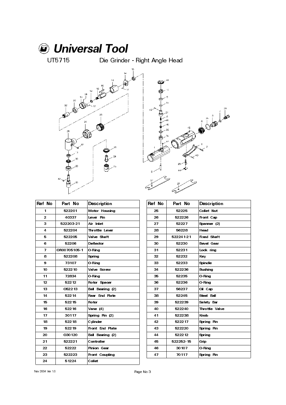 Ut5715 die grinder - right angle head, Ref no part no description | Universal Air Tools UT5715 User Manual | Page 3 / 4