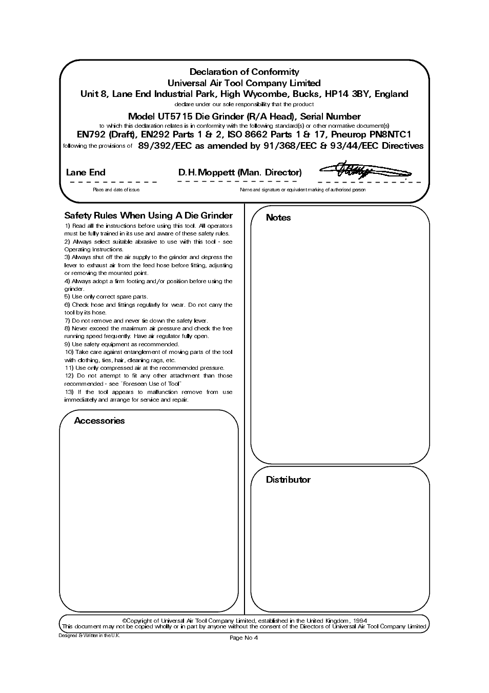 Declaration of conformity, Model ut5715 die grinder (r/a head), serial number, Safety rules when using a die grinder | Universal Air Tools UT5715 User Manual | Page 4 / 4