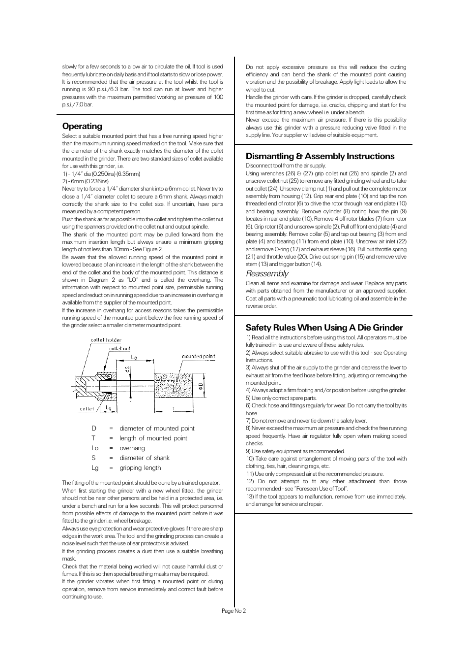 Operating, Dismantling & assembly instructions, Reassembly | Safety rules when using a die grinder | Universal Air Tools UT8777AC User Manual | Page 2 / 4