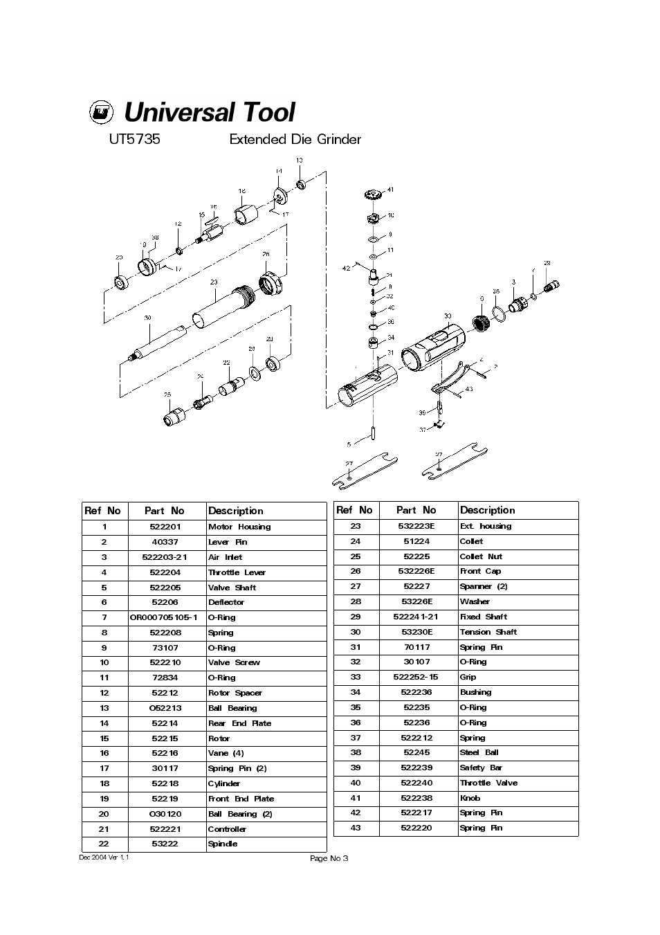 Ut5735 extended die grinder, Ref no part no description | Universal Air Tools UT5735 User Manual | Page 3 / 4