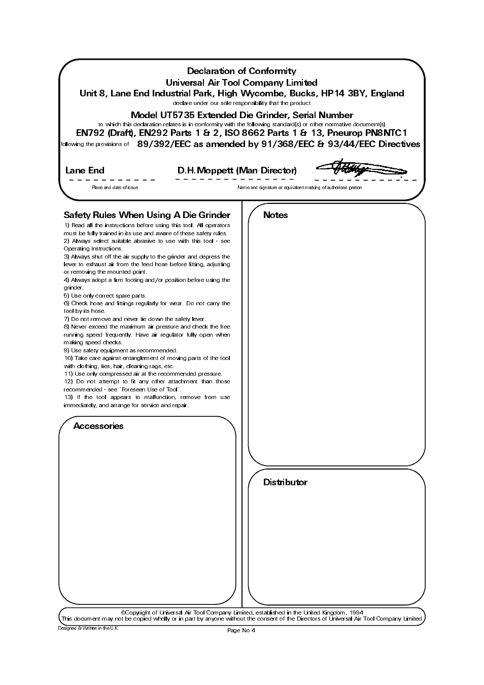 Model ut5735 extended die grinder, serial number, Lane end d.h.moppett (man director), Safety rules when using a die grinder | Universal Air Tools UT5735 User Manual | Page 4 / 4