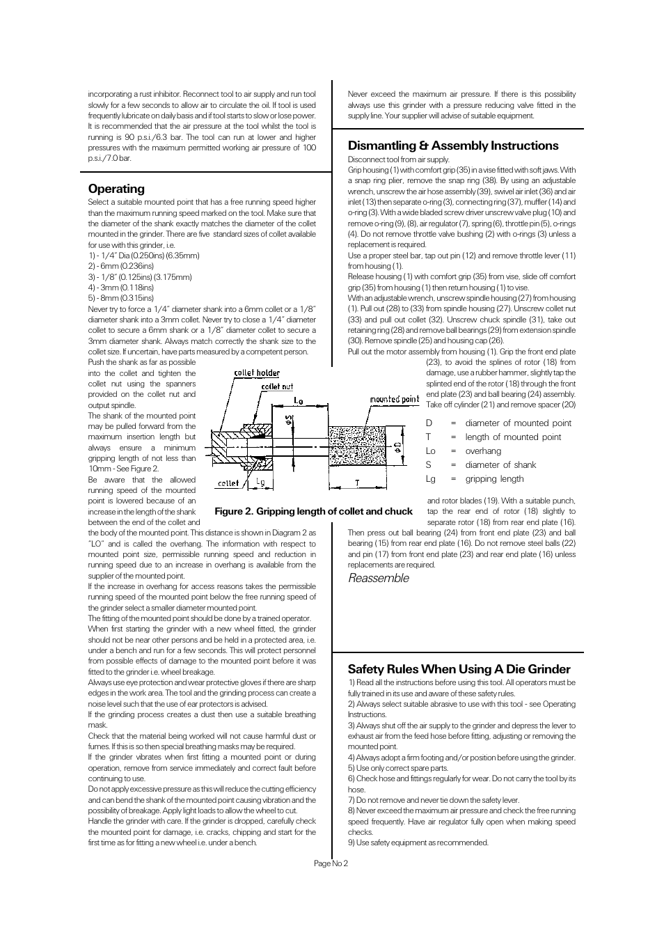 Operating, Dismantling & assembly instructions, Reassemble | Safety rules when using a die grinder | Universal Air Tools UT8738 User Manual | Page 2 / 4