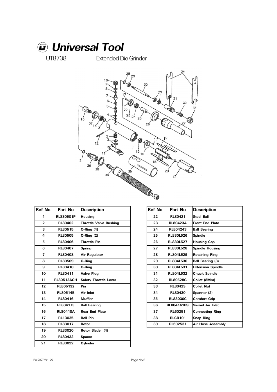 Ut8738 extended die grinder, Ref no part no description | Universal Air Tools UT8738 User Manual | Page 3 / 4