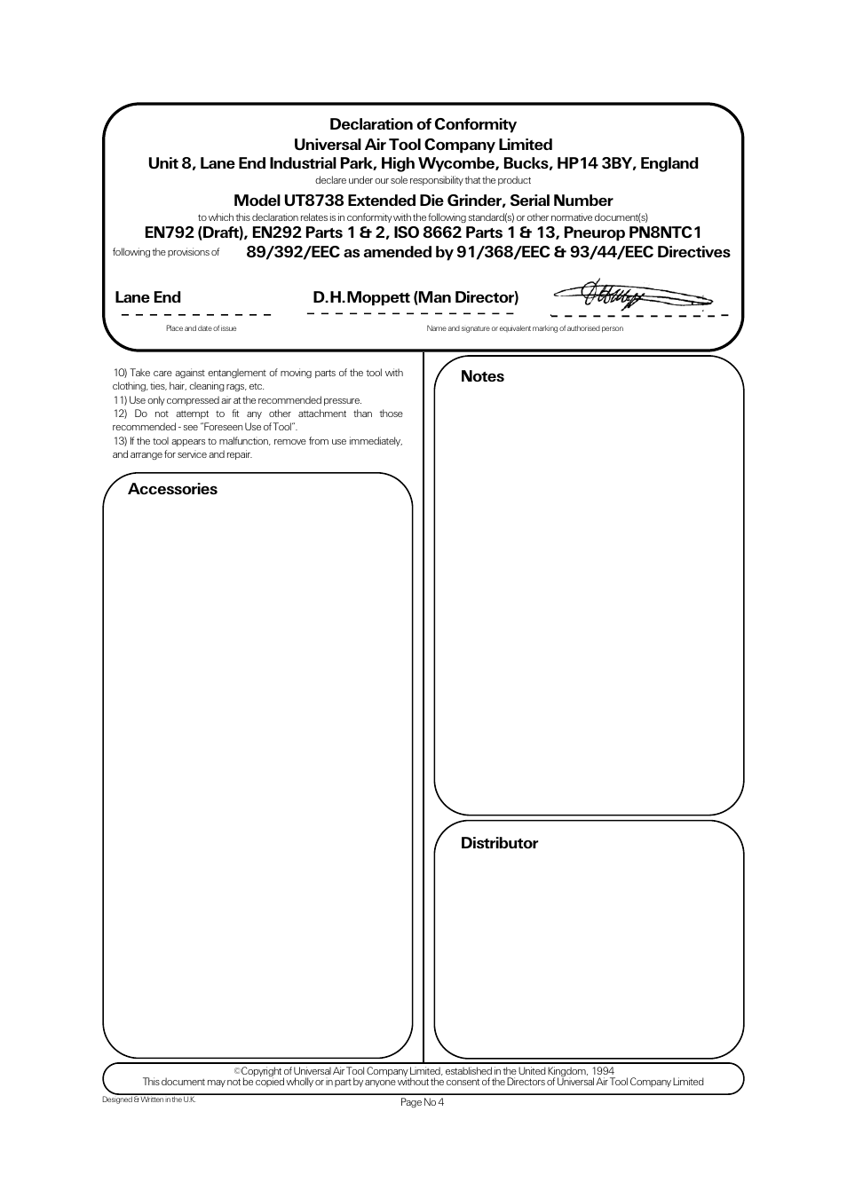 Model ut8738 extended die grinder, serial number, Lane end d.h.moppett (man director) | Universal Air Tools UT8738 User Manual | Page 4 / 4
