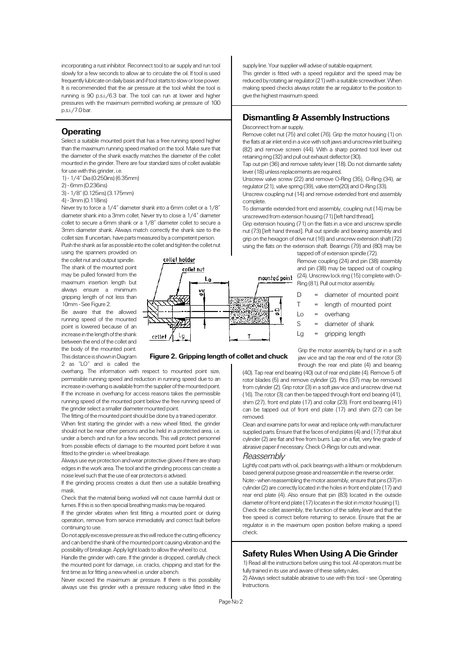 Operating, Dismantling & assembly instructions, Reassembly | Safety rules when using a die grinder | Universal Air Tools UT8735 User Manual | Page 2 / 4