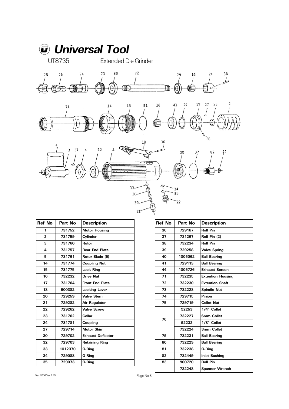 Ut8735 extended die grinder, Ref no part no description | Universal Air Tools UT8735 User Manual | Page 3 / 4