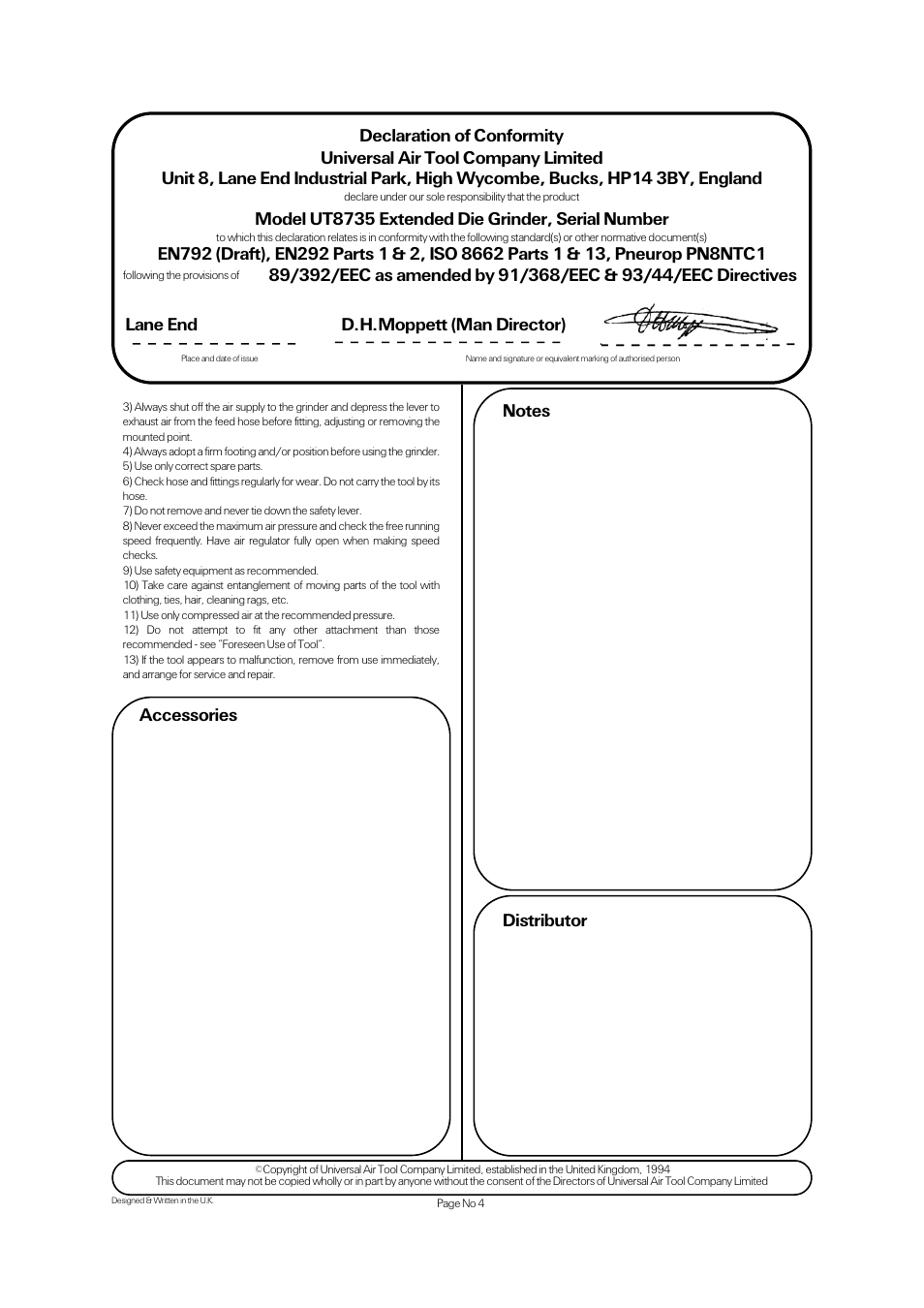 Model ut8735 extended die grinder, serial number, Lane end d.h.moppett (man director) | Universal Air Tools UT8735 User Manual | Page 4 / 4