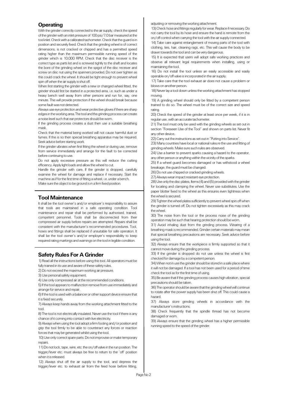 Operating, Tool maintenance, Safety rules for a grinder | Universal Air Tools UT8740C14 - 5 M14 User Manual | Page 2 / 4