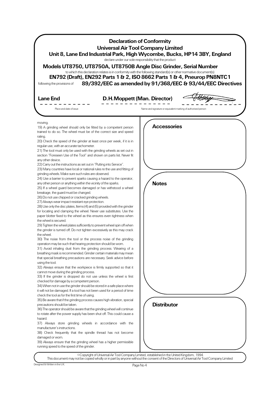 Accessories, Lane end d.h.moppett (man. director) | Universal Air Tools UT8750B - 5 Disc (125mm) User Manual | Page 4 / 4