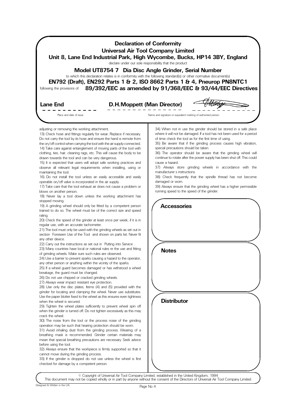 Lane end d.h.moppett (man director) | Universal Air Tools UT8754F User Manual | Page 4 / 4