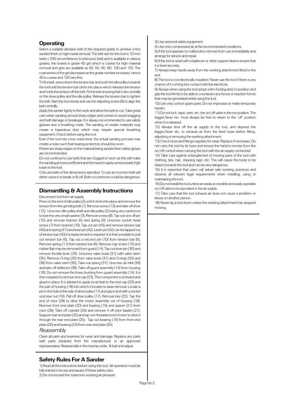 Safety rules for a sander, Operating, Dismantling & assembly instructions | Reassembly | Universal Air Tools UT5764 User Manual | Page 2 / 4
