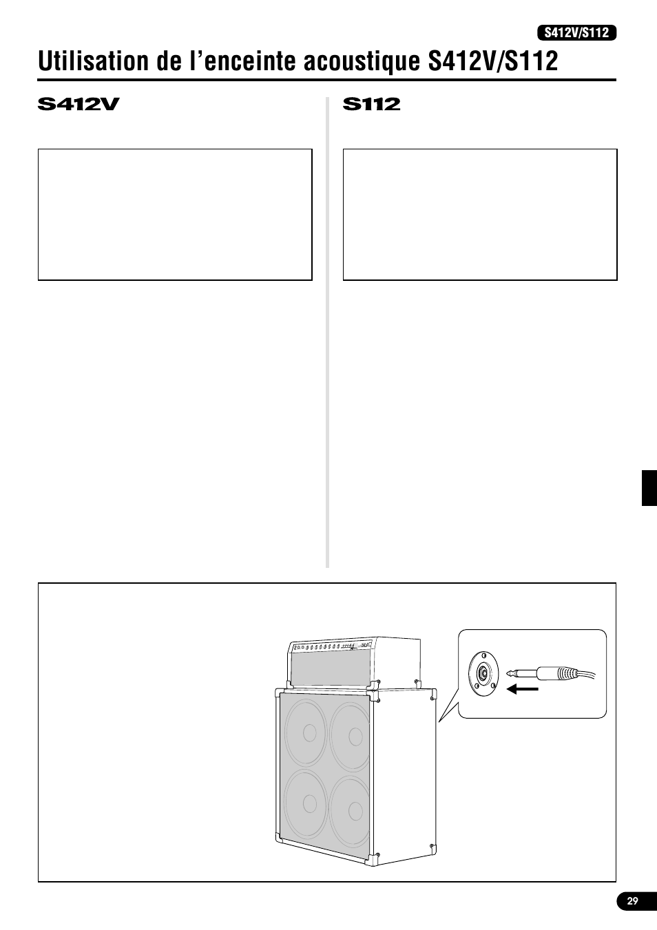 Utilisation de l’enceinte acoustique s412v/s112, Fiche technique, Branchement | Yamaha DG100-212A  EU User Manual | Page 29 / 84