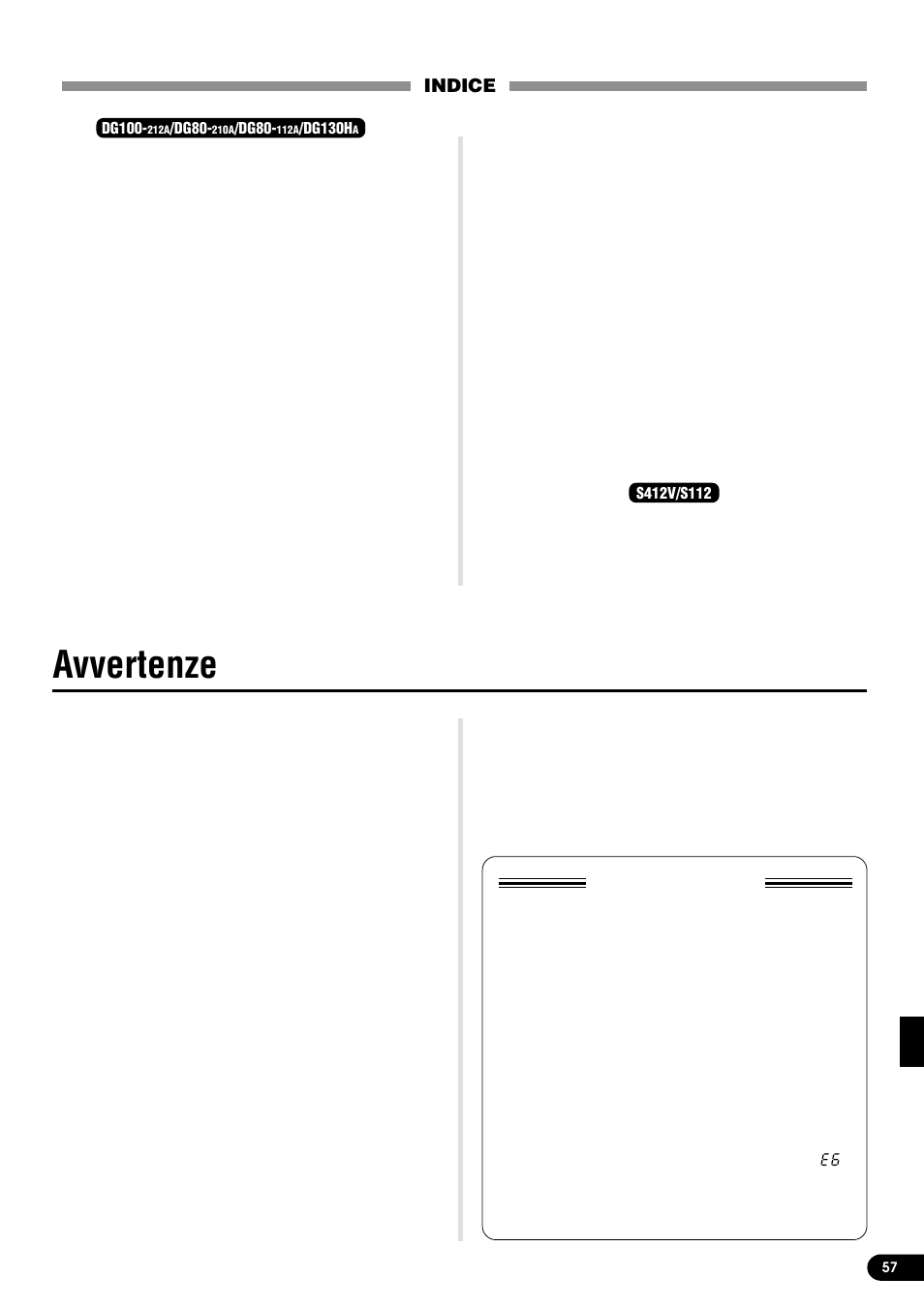 Indice, Avvertenze | Yamaha DG100-212A  EU User Manual | Page 57 / 84
