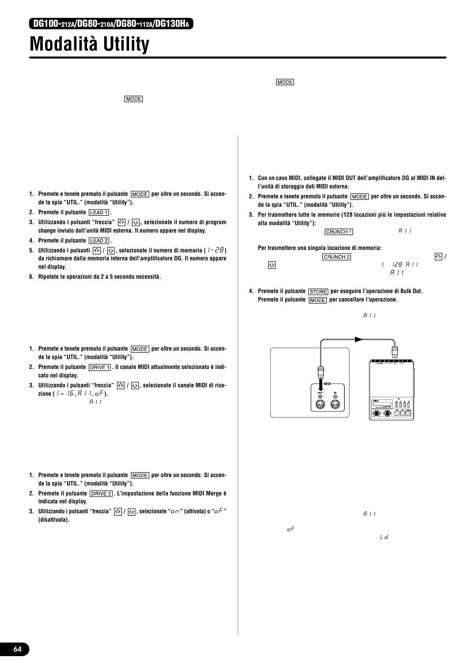 Modalità utility, Creare una tabella di program change, Impostare il canale midi di ricezione | Attivare la funzione midi merge, Midi bulk out, Midi bulk in, Dg100, Dg80, Dg130h | Yamaha DG100-212A  EU User Manual | Page 64 / 84