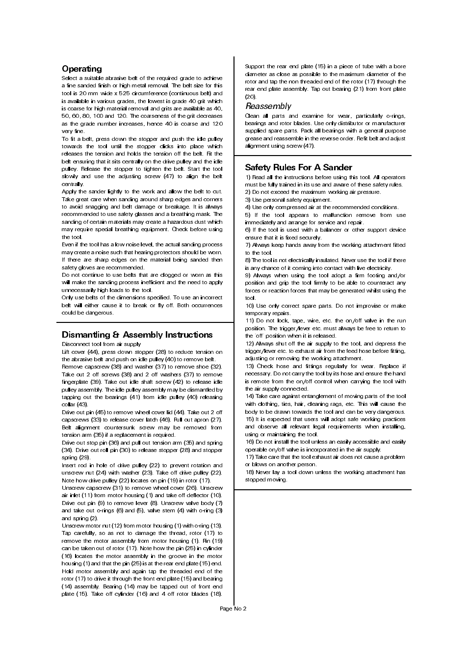 Safety rules for a sander, Operating, Dismantling & assembly instructions | Reassembly | Universal Air Tools UT8765 User Manual | Page 2 / 4