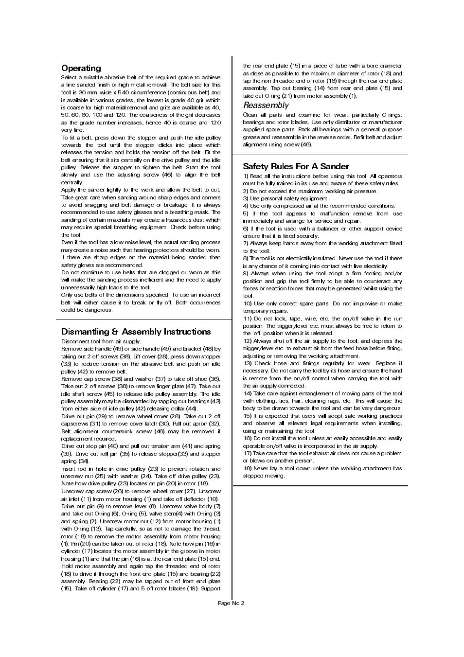 Operating, Dismantling & assembly instructions, Safety rules for a sander | Reassembly | Universal Air Tools UT8704 User Manual | Page 2 / 4