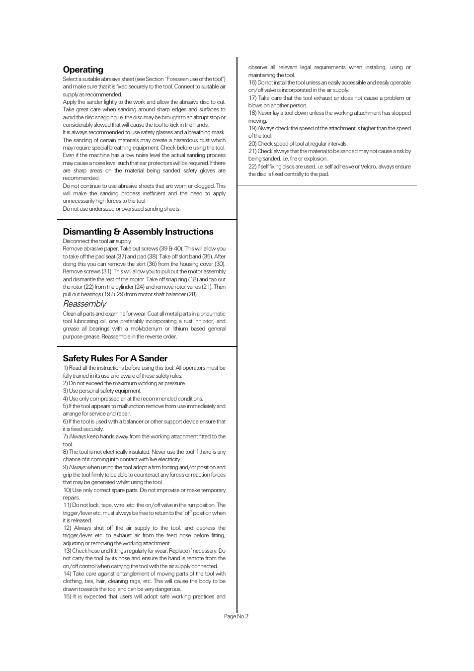 Operating, Dismantling & assembly instructions, Reassembly | Safety rules for a sander | Universal Air Tools UT8795-DC User Manual | Page 2 / 4