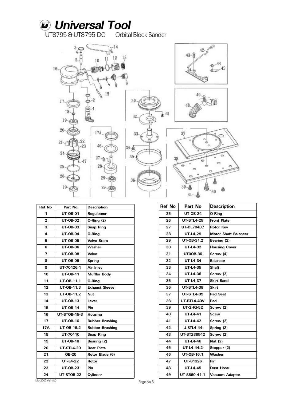 Ref no part no description | Universal Air Tools UT8795-DC User Manual | Page 3 / 4