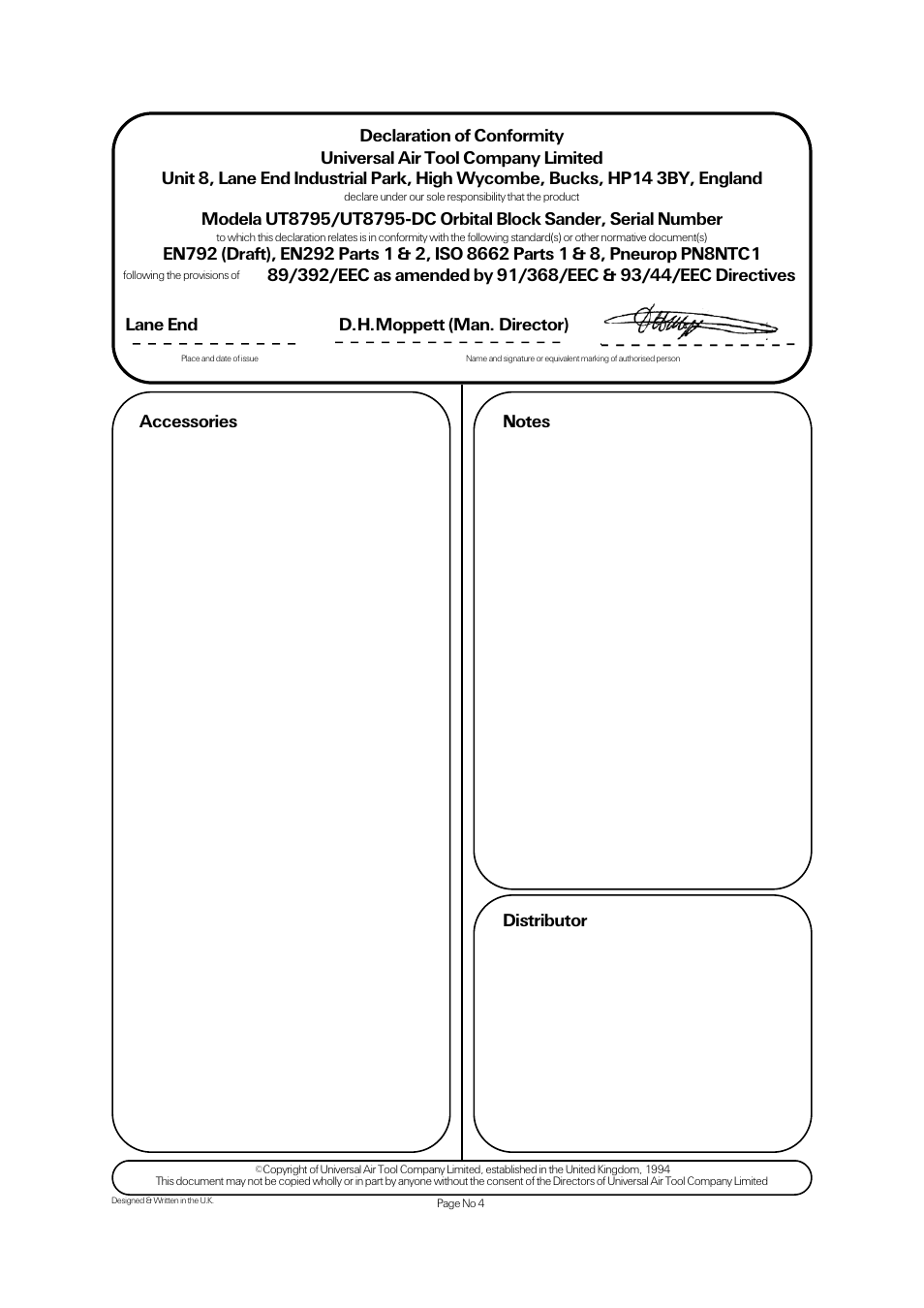 Lane end d.h.moppett (man. director) | Universal Air Tools UT8795-DC User Manual | Page 4 / 4