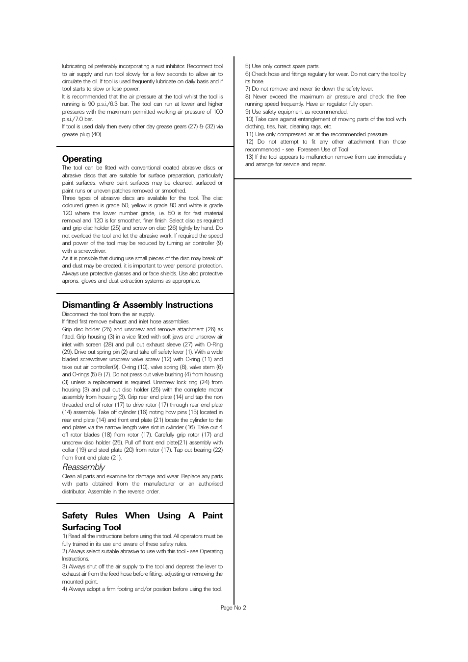 Operating, Dismantling & assembly instructions, Reassembly | Safety rules when using a paint surfacing tool | Universal Air Tools UT8777 User Manual | Page 2 / 4