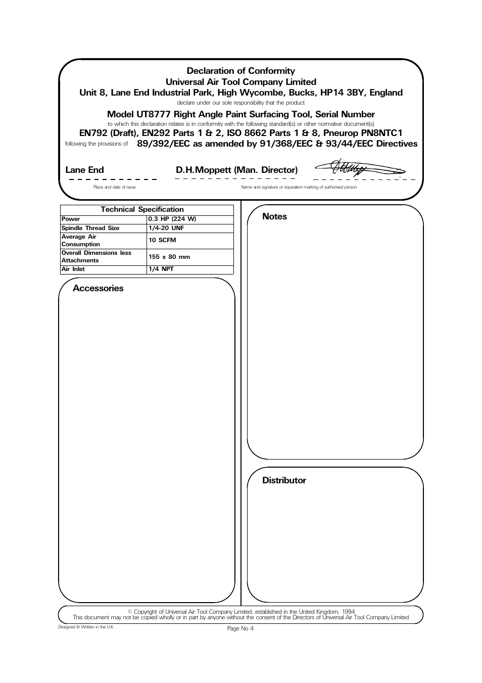 Accessories declaration of conformity | Universal Air Tools UT8777 User Manual | Page 4 / 4