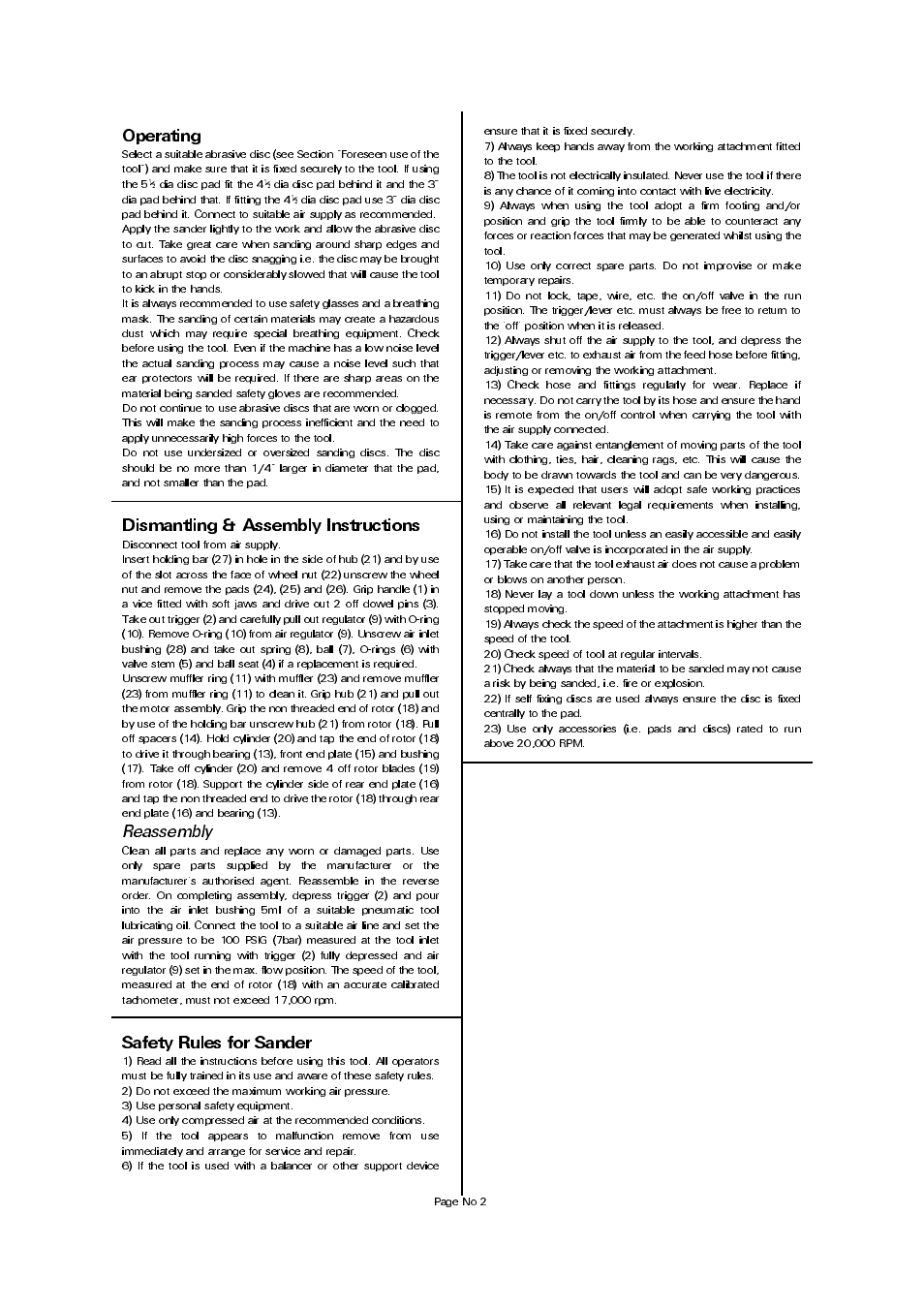 Dismantling & assembly instructions, Operating, Safety rules for sander | Reassembly | Universal Air Tools UT8771A User Manual | Page 2 / 4